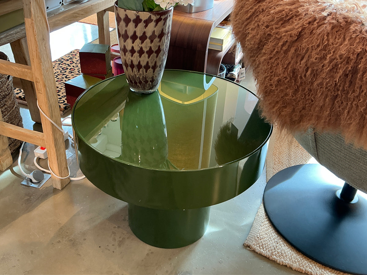 Table basse ronde métal et verre vert foncé