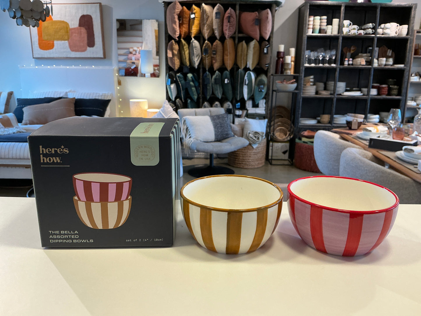 Set 2 bols rayés ocre et rose