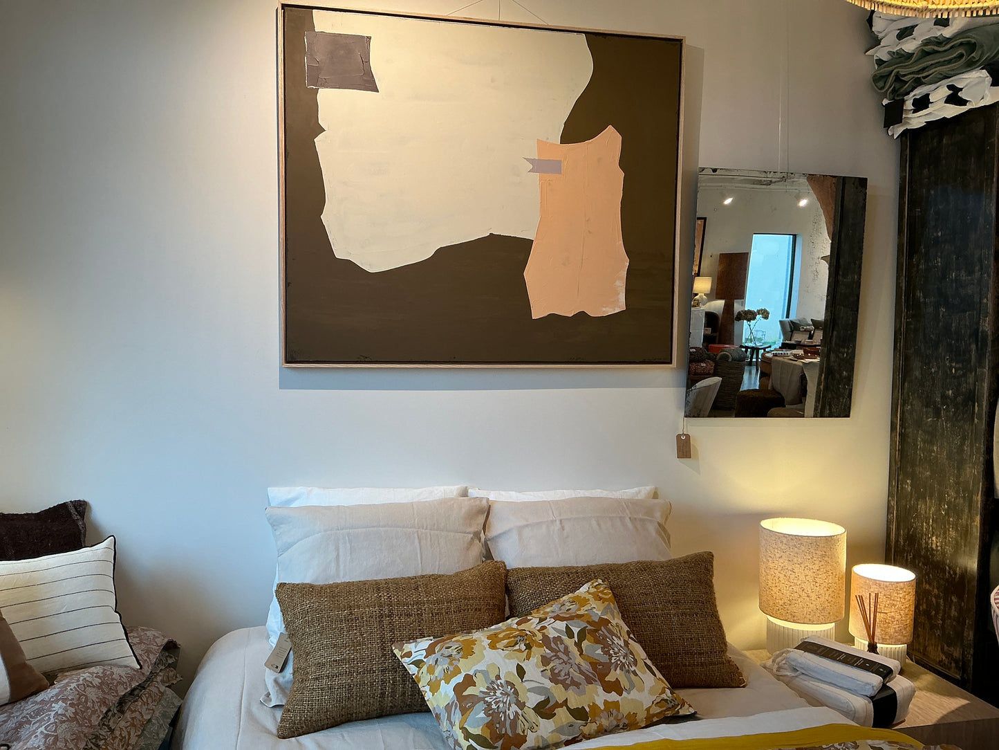 PEINTURE ABSTRAITE HK MOUTARDE ET NUDE