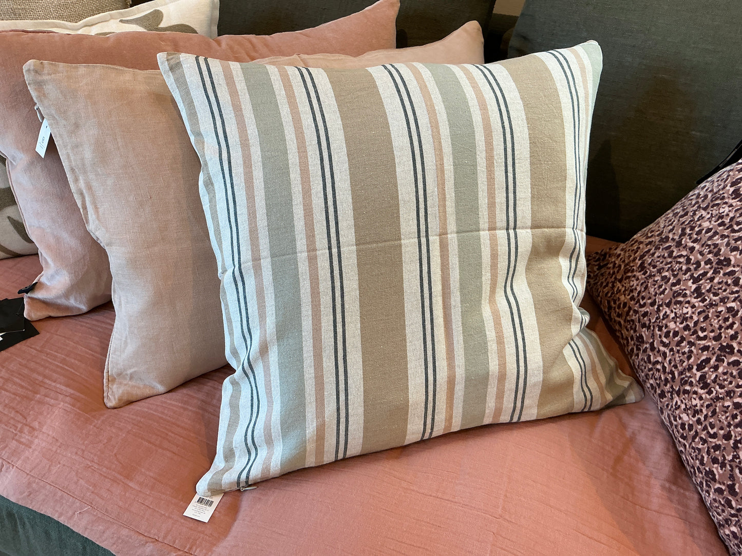 Coussin lin rayé beige, rose, kaki