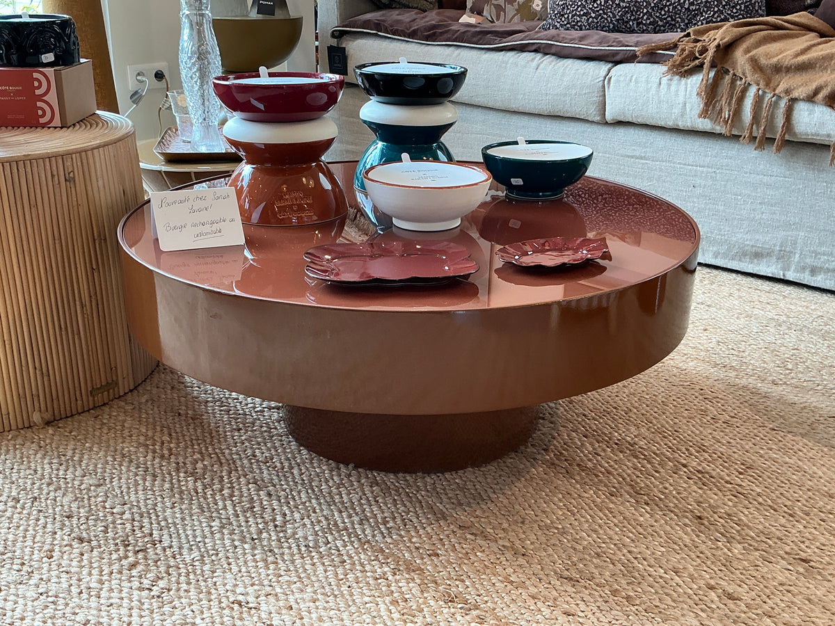Table basse ronde métal et verre terre de sienne