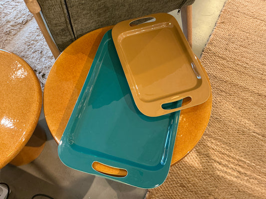 Duo de plateaux bleu canard / moutarde et beige/ terracotta 45 /35