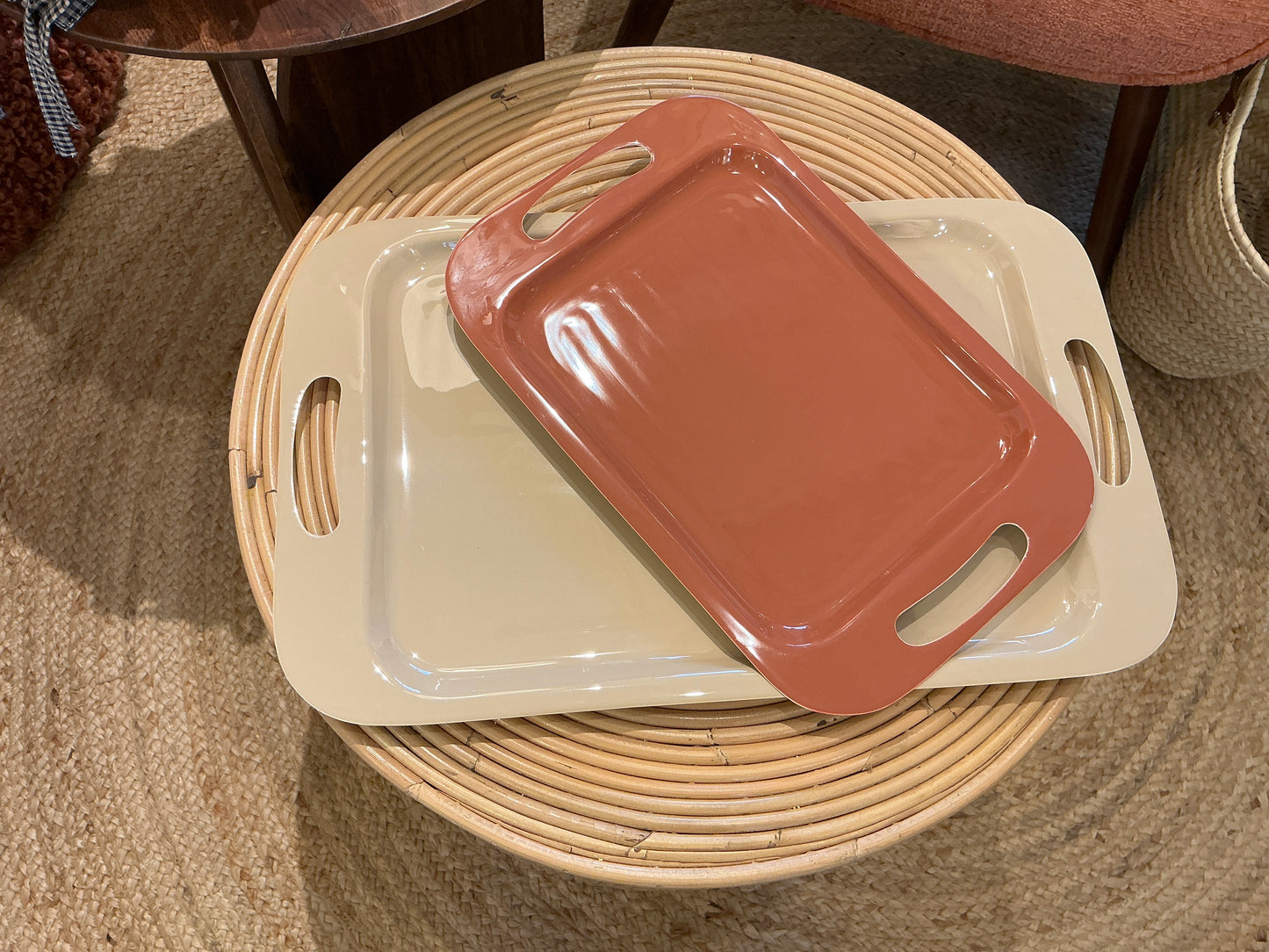 Duo de plateaux bleu canard / moutarde et beige/ terracotta 45 /35